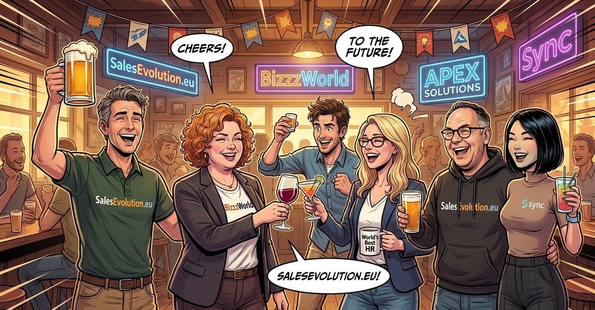 The founding celebration — the team toasting to SalesEvolution, BizzzWorld, and Sync